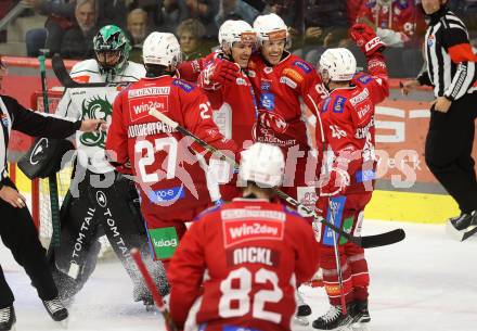 EBEL. Eishockey Bundesliga. KAC gegen Olimpija Ljubljana.  Torjubel Matthew Fraser, Johannes Bischofberger, Jesper Jensen Aabo, Thomas Hundertpfund, Thimo Nickl  (KAC). Klagenfurt, 22.9.2024. 
Foto: Kuess
www.qspictures.net
---
pressefotos, pressefotografie, kuess, qs, qspictures, sport, bild, bilder, bilddatenbank