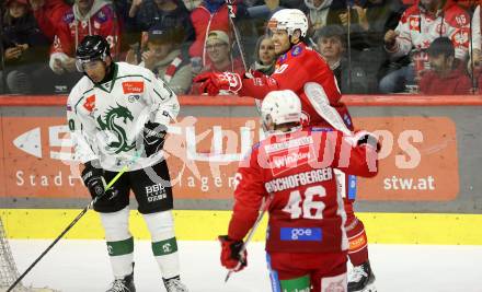 EBEL. Eishockey Bundesliga. KAC gegen Olimpija Ljubljana.  Torjubel Matthew Fraser, Johannes Bischofberger  (KAC). Klagenfurt, 22.9.2024. 
Foto: Kuess
www.qspictures.net
---
pressefotos, pressefotografie, kuess, qs, qspictures, sport, bild, bilder, bilddatenbank