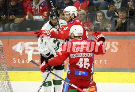 EBEL. Eishockey Bundesliga. KAC gegen Olimpija Ljubljana. Torjubel Matthew Fraser, Johannes Bischofberger   (KAC). Klagenfurt, 22.9.2024. 
Foto: Kuess
www.qspictures.net
---
pressefotos, pressefotografie, kuess, qs, qspictures, sport, bild, bilder, bilddatenbank