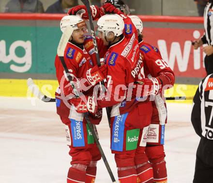 EBEL. Eishockey Bundesliga. KAC gegen Olimpija Ljubljana.  Torjubel Nick Pastujov, Simeonn Schwinger, Daniel Obersteiner  (KAC). Klagenfurt, 22.9.2024. 
Foto: Kuess
www.qspictures.net
---
pressefotos, pressefotografie, kuess, qs, qspictures, sport, bild, bilder, bilddatenbank