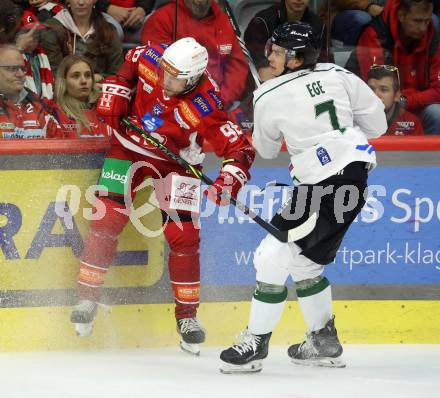 EBEL. Eishockey Bundesliga. KAC gegen Olimpija Ljubljana.  Daniel Obersteiner,   (KAC), Wyatt Dale Ege  (Ljubljana). Klagenfurt, 22.9.2024. 
Foto: Kuess
www.qspictures.net
---
pressefotos, pressefotografie, kuess, qs, qspictures, sport, bild, bilder, bilddatenbank