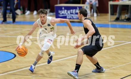 Basketball 2. Liga 2024/2025. Grunddurchgang 1. Runde. Woerthersee Piraten gegen Dornbirn Lions. Andreas Nuck (Piraten), Pauls Miglinieks   (Dornbirn). Klagenfurt, am 28.9.2024.
Foto: Kuess


---
pressefotos, pressefotografie, kuess, qs, qspictures, sport, bild, bilder, bilddatenbank