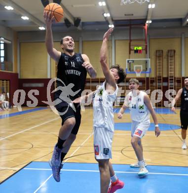 Basketball 2. Liga 2024/2025. Grunddurchgang 1. Runde. Woerthersee Piraten gegen Dornbirn Lions. Andreas Nuck (Piraten),  Mateja Djurasic (Dornbirn). Klagenfurt, am 28.9.2024.
Foto: Kuess


---
pressefotos, pressefotografie, kuess, qs, qspictures, sport, bild, bilder, bilddatenbank