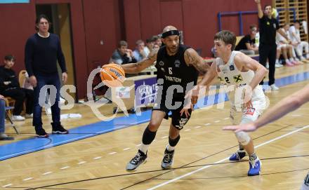 Basketball 2. Liga 2024/2025. Grunddurchgang 1. Runde. Woerthersee Piraten gegen Dornbirn Lions. Shawn L. Ray (Piraten),  Pauls Miglinieks  (Dornbirn). Klagenfurt, am 28.9.2024.
Foto: Kuess


---
pressefotos, pressefotografie, kuess, qs, qspictures, sport, bild, bilder, bilddatenbank