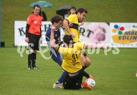 Fussball. 2. KLasse B. Faakersee 1b gegen Velden 1b. Elvis Stankovic, David Gelbmann,(Faakersee),  Bojan Cubrilo  (Velden).  Faak, am 28.9.2024.
Foto: Kuess
www.qspictures.net
---
pressefotos, pressefotografie, kuess, qs, qspictures, sport, bild, bilder, bilddatenbank