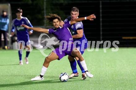 Fussball Kaerntner Liga. SK Austria Klagenfuer Amateure gegen Dellach.  Naldo Aparecido Rodriguez (Klagenfurt),  Armin Lulic (Dellach).  Klagenfurt, am 4.10.2024.
Foto: Kuess
www.qspictures.net
---
pressefotos, pressefotografie, kuess, qs, qspictures, sport, bild, bilder, bilddatenbank