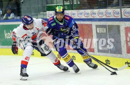 EBEL. Eishockey Bundesliga. VSV gegen HC TIWAG Innsbruck.  Wall Alex  (VSV),  Krogsgaard Anders (Innsbruck). Klagenfurt, 6.10.2024. 
Foto: Kuess
www.qspictures.net
---
pressefotos, pressefotografie, kuess, qs, qspictures, sport, bild, bilder, bilddatenbank