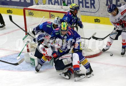 EBEL. Eishockey Bundesliga. VSV gegen HC TIWAG Innsbruck.   Vallant Thomas (VSV),  Rassell Mark (Innsbruck). Klagenfurt, 6.10.2024. 
Foto: Kuess
www.qspictures.net
---
pressefotos, pressefotografie, kuess, qs, qspictures, sport, bild, bilder, bilddatenbank