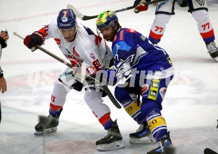 EBEL. Eishockey Bundesliga. VSV gegen HC TIWAG Innsbruck.  Hancock Kevin  (VSV), Mackin Corey  (Innsbruck). Klagenfurt, 6.10.2024. 
Foto: Kuess
www.qspictures.net
---
pressefotos, pressefotografie, kuess, qs, qspictures, sport, bild, bilder, bilddatenbank