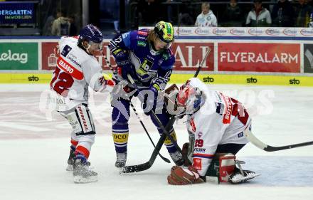 EBEL. Eishockey Bundesliga. VSV gegen HC TIWAG Innsbruck. Pearson Chase   (VSV),  Grasso Patrick, Buitenhuis Evan (Innsbruck). Klagenfurt, 6.10.2024. 
Foto: Kuess
www.qspictures.net
---
pressefotos, pressefotografie, kuess, qs, qspictures, sport, bild, bilder, bilddatenbank