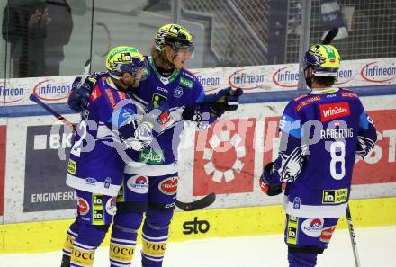 EBEL. Eishockey Bundesliga. VSV gegen HC TIWAG Innsbruck. Torjubel Pearson Chase, Hughes John,  (VSV). Klagenfurt, 6.10.2024. 
Foto: Kuess
www.qspictures.net
---
pressefotos, pressefotografie, kuess, qs, qspictures, sport, bild, bilder, bilddatenbank