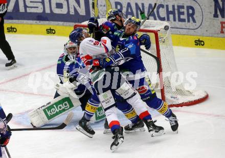 EBEL. Eishockey Bundesliga. VSV gegen HC TIWAG Innsbruck.  Vallant Thomas  (VSV),  Rassell Mark (Innsbruck). Klagenfurt, 6.10.2024. 
Foto: Kuess
www.qspictures.net
---
pressefotos, pressefotografie, kuess, qs, qspictures, sport, bild, bilder, bilddatenbank