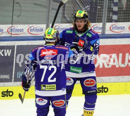 EBEL. Eishockey Bundesliga. VSV gegen HC TIWAG Innsbruck. Torjubel Pearson Chase, Hughes John, (VSV). Klagenfurt, 6.10.2024. 
Foto: Kuess
www.qspictures.net
---
pressefotos, pressefotografie, kuess, qs, qspictures, sport, bild, bilder, bilddatenbank