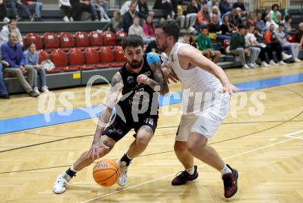 Basketball 2. Liga 2024/2025. Grunddurchgang 2. Runde. KOS Celovec gegen Mistelbach Mustangs. Veljko Dena (KOS), Zdenek Nehyba  (Mistelbach Mustangs). Klagenfurt, am 5.10.2024.
Foto: Kuess


---
pressefotos, pressefotografie, kuess, qs, qspictures, sport, bild, bilder, bilddatenbank