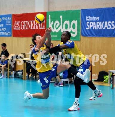 Volleyball CEV Cup. SK Sich/Dob gegen Lausanne. Henrique Adami, Carlos Yoandrys Charles Santana  (Aich/Dob). Bleiburg, am 9.10.2024.
Foto: Kuess
---
pressefotos, pressefotografie, kuess, qs, qspictures, sport, bild, bilder, bilddatenbank