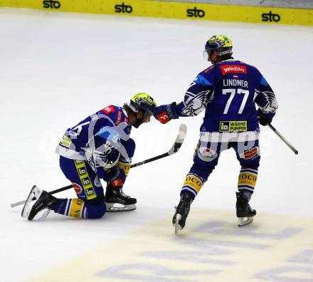 Eishockey ICE Bundesliga. VSV gegen Pioneers Vorarlberg. Torjubel Patrick Holway, Philipp Lindner (VSV)). Villach, am 11.10.2024.
Foto: Kuess
---
pressefotos, pressefotografie, kuess, qs, qspictures, sport, bild, bilder, bilddatenbank