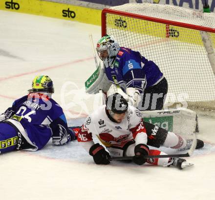 Eishockey ICE Bundesliga. VSV gegen Pioneers Vorarlberg. Patrick Holway, Jean Philippe Lamoureux  (VSV), Oskar Maier (Vorarlberg). Villach, am 11.10.2024.
Foto: Kuess
---
pressefotos, pressefotografie, kuess, qs, qspictures, sport, bild, bilder, bilddatenbank