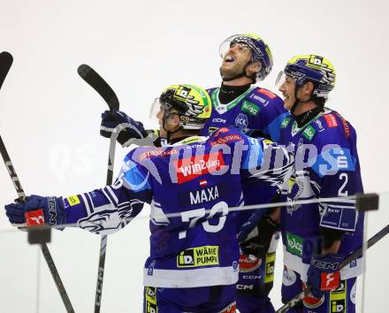 Eishockey ICE Bundesliga. VSV gegen Pioneers Vorarlberg. Torjubel Felix Maxa, Thomas Vallant, Dylan Macpherson  (VSV)). Villach, am 11.10.2024.
Foto: Kuess
---
pressefotos, pressefotografie, kuess, qs, qspictures, sport, bild, bilder, bilddatenbank