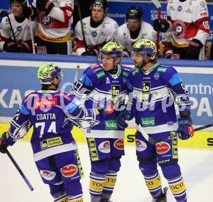 Eishockey ICE Bundesliga. VSV gegen Pioneers Vorarlberg. Torjubel Patrick Holway, Philipp Lindner, Max Coattac (VSV)). Villach, am 11.10.2024.
Foto: Kuess
---
pressefotos, pressefotografie, kuess, qs, qspictures, sport, bild, bilder, bilddatenbank