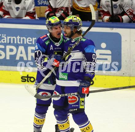 Eishockey ICE Bundesliga. VSV gegen Pioneers Vorarlberg. Torjubel Philipp Lindner, Patrick Holway (VSV). Villach, am 11.10.2024.
Foto: Kuess
---
pressefotos, pressefotografie, kuess, qs, qspictures, sport, bild, bilder, bilddatenbank