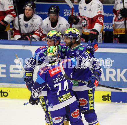 Eishockey ICE Bundesliga. VSV gegen Pioneers Vorarlberg. Torjubel Philipp Lindner, Patrick Holway, Max Coatta (VSV). Villach, am 11.10.2024.
Foto: Kuess
---
pressefotos, pressefotografie, kuess, qs, qspictures, sport, bild, bilder, bilddatenbank