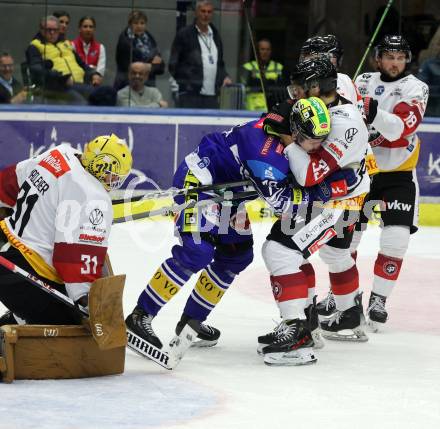 Eishockey ICE Bundesliga. VSV gegen Pioneers Vorarlberg. Felix Maxa   (VSV), Aron Summer, David Madlener (Vorarlberg). Villach, am 11.10.2024.
Foto: Kuess
---
pressefotos, pressefotografie, kuess, qs, qspictures, sport, bild, bilder, bilddatenbank