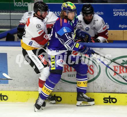 Eishockey ICE Bundesliga. VSV gegen Pioneers Vorarlberg. Chase Pearson (VSV), Joshua Passolt (Vorarlberg). Villach, am 11.10.2024.
Foto: Kuess
---
pressefotos, pressefotografie, kuess, qs, qspictures, sport, bild, bilder, bilddatenbank