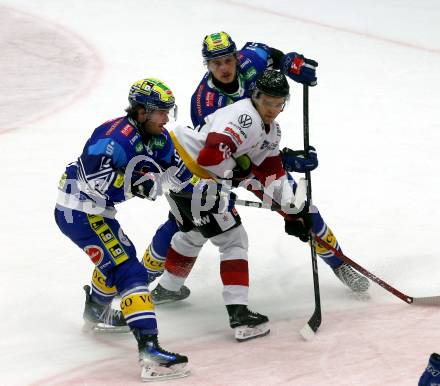 Eishockey ICE Bundesliga. VSV gegen Pioneers Vorarlberg. Kevin Hancock, Dylan Macpherson  (VSV),  Oskar Maierr (Vorarlberg). Villach, am 11.10.2024.
Foto: Kuess
---
pressefotos, pressefotografie, kuess, qs, qspictures, sport, bild, bilder, bilddatenbank