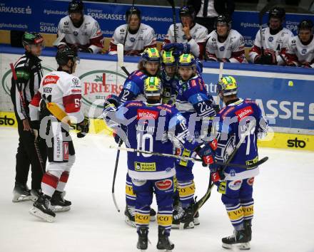 Eishockey ICE Bundesliga. VSV gegen Pioneers Vorarlberg. Torjubel Chase Pearson, Nikita Scherbak, Thomas Vallant, Philipp Lindner (VSV), (Vorarlberg). Villach, am 11.10.2024.
Foto: Kuess
---
pressefotos, pressefotografie, kuess, qs, qspictures, sport, bild, bilder, bilddatenbank