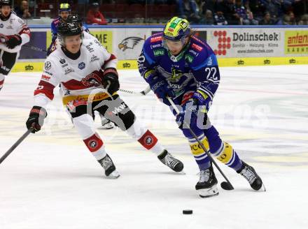 Eishockey ICE Bundesliga. VSV gegen Pioneers Vorarlberg. Nikita Scherbak (VSV),  Ivan Korecky (Vorarlberg). Villach, am 11.10.2024.
Foto: Kuess
---
pressefotos, pressefotografie, kuess, qs, qspictures, sport, bild, bilder, bilddatenbank