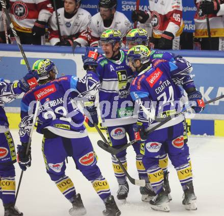 Eishockey ICE Bundesliga. VSV gegen Pioneers Vorarlberg. Torjubel Patrick Holway, Philipp Lindner, Max Coatta, Nikita Scherbak  (VSV)). Villach, am 11.10.2024.
Foto: Kuess
---
pressefotos, pressefotografie, kuess, qs, qspictures, sport, bild, bilder, bilddatenbank