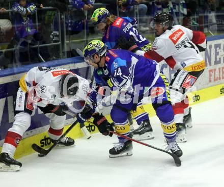 Eishockey ICE Bundesliga. VSV gegen Pioneers Vorarlberg. Max Coatta, Chase Pearson (VSV),  Alexander Pallestrang, Ramon Schnetzer (Vorarlberg). Villach, am 11.10.2024.
Foto: Kuess
---
pressefotos, pressefotografie, kuess, qs, qspictures, sport, bild, bilder, bilddatenbank