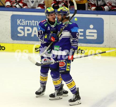 Eishockey ICE Bundesliga. VSV gegen Pioneers Vorarlberg. Torjubel Patrick Holway, Philipp Lindner (VSV)). Villach, am 11.10.2024.
Foto: Kuess
---
pressefotos, pressefotografie, kuess, qs, qspictures, sport, bild, bilder, bilddatenbank