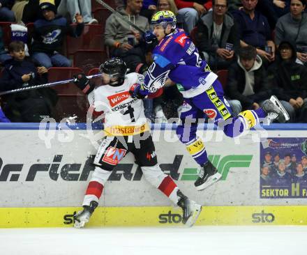 Eishockey ICE Bundesliga. VSV gegen Pioneers Vorarlberg. Elia Jeronimo Wallenta (VSV),  Ramon Schnetzer (Vorarlberg). Villach, am 11.10.2024.
Foto: Kuess
---
pressefotos, pressefotografie, kuess, qs, qspictures, sport, bild, bilder, bilddatenbank