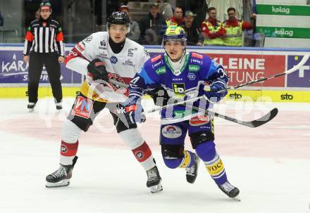 Eishockey ICE Bundesliga. VSV gegen Pioneers Vorarlberg. Dominik Prediger (VSV),  Aron Summer (Vorarlberg). Villach, am 11.10.2024.
Foto: Kuess
---
pressefotos, pressefotografie, kuess, qs, qspictures, sport, bild, bilder, bilddatenbank