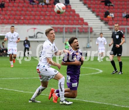 Fussball Bundesliga.  SK Austria Klagenfurt gegen Austria Wien . Ben Bobzien, (Klagenfurt), Philipp Wiesinger    (Wien). Klagenfurt, am 20.10.2024.
Foto: Kuess
www.qspictures.net
---
pressefotos, pressefotografie, kuess, qs, qspictures, sport, bild, bilder, bilddatenbank