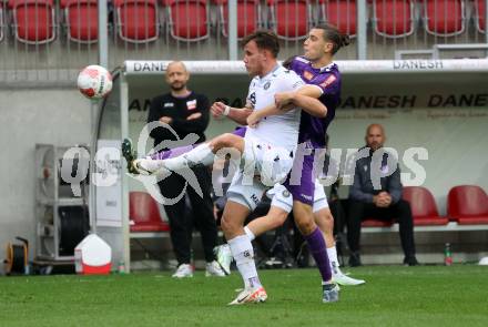 Fussball Bundesliga.  SK Austria Klagenfurt gegen Austria Wien .  Niklas Szerencsi,  (Klagenfurt),  Nik Prelec (Wien). Klagenfurt, am 20.10.2024.
Foto: Kuess
www.qspictures.net
---
pressefotos, pressefotografie, kuess, qs, qspictures, sport, bild, bilder, bilddatenbank