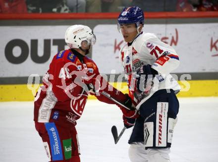 Eishockey Bundesliga. KAC gegen Innsbruck. Johannes Bischofberger (KAC), Yushiroh Hirano (Innsbruck). Klagenfurt, am 1.11.2024.
Foto: Kuess
---
pressefotos, pressefotografie, kuess, qs, qspictures, sport, bild, bilder, bilddatenbank