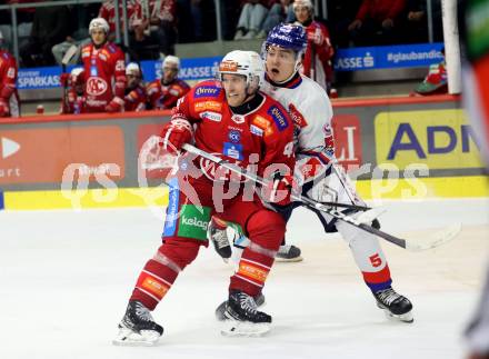 Eishockey Bundesliga. KAC gegen Innsbruck. Johannes Bischofberger (KAC), Noah Kerber (Innsbruck). Klagenfurt, am 1.11.2024.
Foto: Kuess
---
pressefotos, pressefotografie, kuess, qs, qspictures, sport, bild, bilder, bilddatenbank