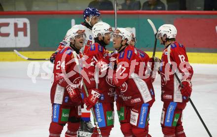 Eishockey Bundesliga. KAC gegen Innsbruck. Torjubel Thomas Hundertpfund, Johannes Bischofberger, Mathias From, David Maier, Steven Strong (KAC). Klagenfurt, am 1.11.2024.
Foto: Kuess
---
pressefotos, pressefotografie, kuess, qs, qspictures, sport, bild, bilder, bilddatenbank