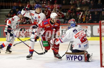 Eishockey Bundesliga. KAC gegen Innsbruck. Senna Peeters  (KAC), Kele Steffler , Evan Buitenhuis (Innsbruck). Klagenfurt, am 1.11.2024.
Foto: Kuess
---
pressefotos, pressefotografie, kuess, qs, qspictures, sport, bild, bilder, bilddatenbank