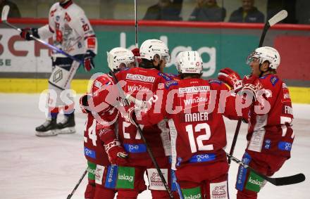 Eishockey Bundesliga. KAC gegen Innsbruck. Torjubel Thomas Hundertpfund, Johannes Bischofberger, Mathias From, David Maier (KAC). Klagenfurt, am 1.11.2024.
Foto: Kuess
---
pressefotos, pressefotografie, kuess, qs, qspictures, sport, bild, bilder, bilddatenbank