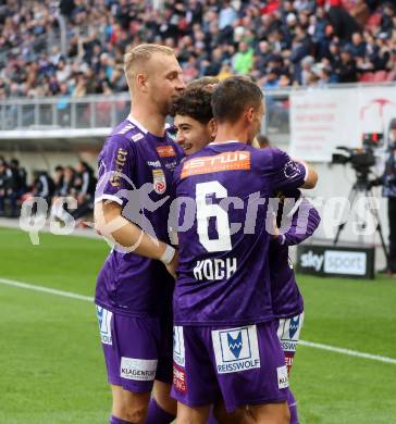 Fussball Bundesliga.  Austria Klagenfurt gegen WAC.  Torjubel Ben Bobzien, Christopher Wernitznig, Tobias Koch, Florian Jaritz (Austria Klagenfurt).  Klagenfurt, am 3.11.2024.
Foto: Kuess
www.qspictures.net
---
pressefotos, pressefotografie, kuess, qs, qspictures, sport, bild, bilder, bilddatenbank