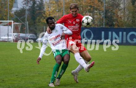 Fussball Kaerntner Liga. KAC gegen Donau.  Peter Pucker  (KAC), Boyo Jarjue  (Donau). Klagenfurt, am 9.11.2024.
Foto: Kuess
www.qspictures.net
---
pressefotos, pressefotografie, kuess, qs, qspictures, sport, bild, bilder, bilddatenbank