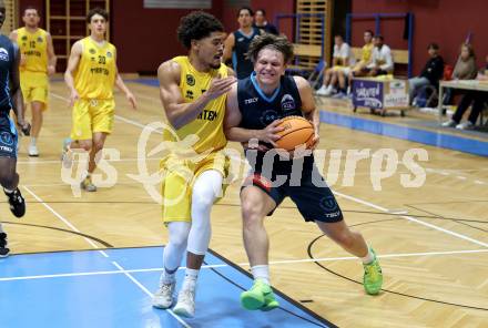 Basketball 2. Liga 2024/2025. Grunddurchgang 7. Runde. Woerthersee Piraten gegen Vienna Timberwolves.  Marcus Holyfield (Piraten),  Felix Angerbauer (Vienna). Klagenfurt, am 9.11.2024.
Foto: Kuess


---
pressefotos, pressefotografie, kuess, qs, qspictures, sport, bild, bilder, bilddatenbank