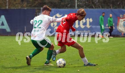 Fussball Kaerntner Liga. KAC gegen Donau.  Maximilian Leipold  (KAC),  Luka Cerar  (Donau). Klagenfurt, am 9.11.2024.
Foto: Kuess
www.qspictures.net
---
pressefotos, pressefotografie, kuess, qs, qspictures, sport, bild, bilder, bilddatenbank