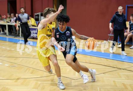 Basketball 2. Liga 2024/2025. Grunddurchgang 7. Runde. Woerthersee Piraten gegen Vienna Timberwolves. Emilio Rozmann  (Piraten),  Dean-Leon Cantor (Vienna). Klagenfurt, am 9.11.2024.
Foto: Kuess


---
pressefotos, pressefotografie, kuess, qs, qspictures, sport, bild, bilder, bilddatenbank