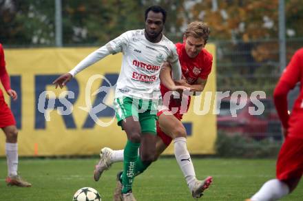 Fussball Kaerntner Liga. KAC gegen Donau.  Peter Pucker  (KAC),   Boyo Jarjue (Donau). Klagenfurt, am 9.11.2024.
Foto: Kuess
www.qspictures.net
---
pressefotos, pressefotografie, kuess, qs, qspictures, sport, bild, bilder, bilddatenbank