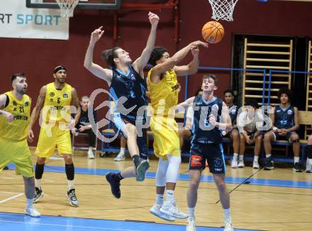 Basketball 2. Liga 2024/2025. Grunddurchgang 7. Runde. Woerthersee Piraten gegen Vienna Timberwolves.  Marcus Holyfield (Piraten),  Vincent Balau (Vienna). Klagenfurt, am 9.11.2024.
Foto: Kuess


---
pressefotos, pressefotografie, kuess, qs, qspictures, sport, bild, bilder, bilddatenbank