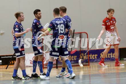 Floorball Derby KAC  gegen VSV Unihockey.   Torjubel Brajic Anze,  Schmid Timo, Seiser Philipp (VSV). Klagenfurt, am 16.11.2024.
Foto: Kuess
www.qspictures.net
---
pressefotos, pressefotografie, kuess, qs, qspictures, sport, bild, bilder, bilddatenbank